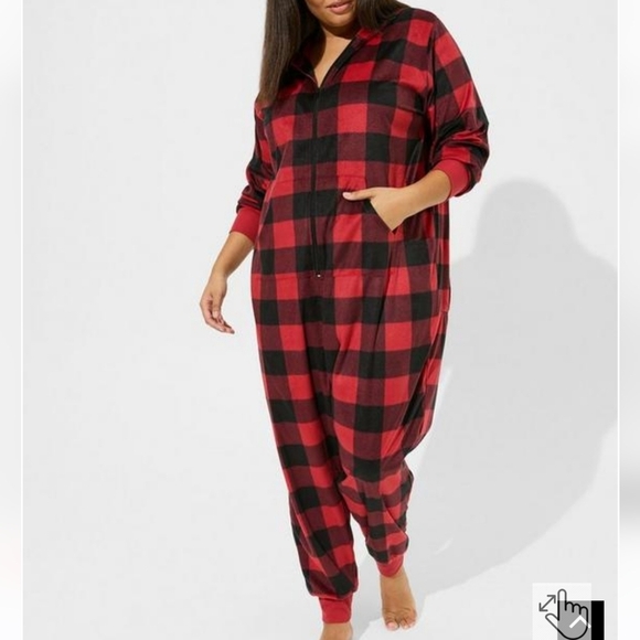 torrid Other - 🆕️ 1X / 2X BUFFALO PLAID FLEECE HOODED BACK FLAP LOUNGING ONESIE